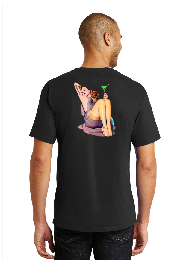 Back view of black shirt with custom colorful illustration